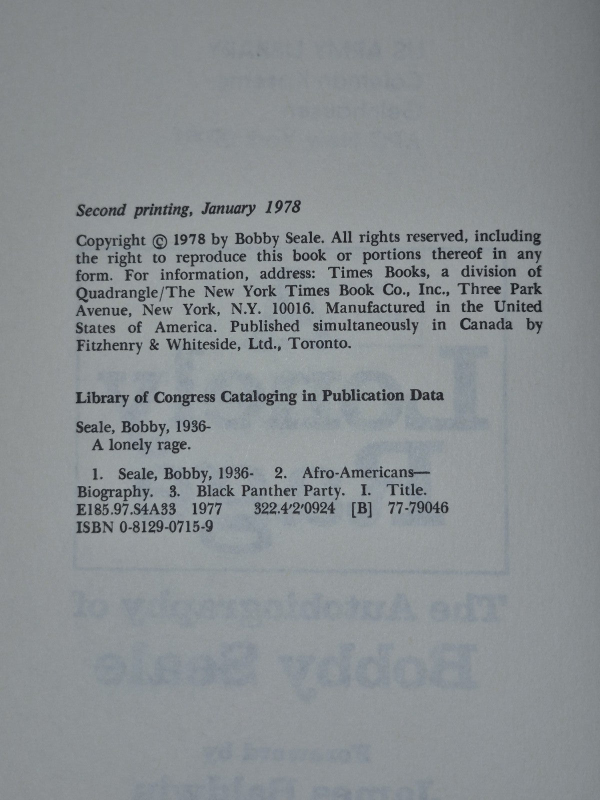 A Lonely Rage: The Autobiography of Bobby Seale 1978 Second Printing5