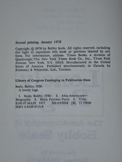A Lonely Rage: The Autobiography of Bobby Seale 1978 Second Printing5