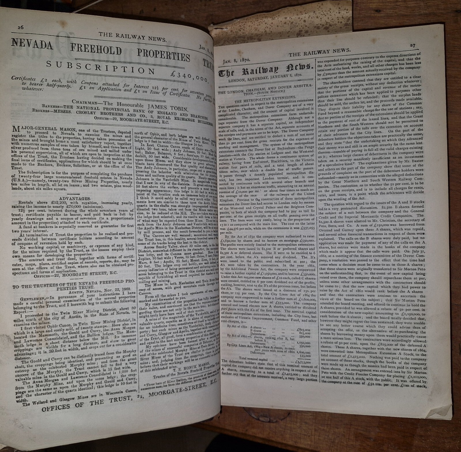 The Railway News For Year 1870 Large Leather-bound Summary Of Statistics & News 10