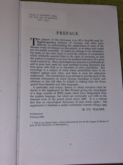 A Concise German Etymological Dictionary by Walshe - Pub: Routledge 19518