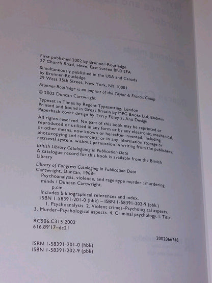 Psychoanalysis, Violence & Rage-Type Murder : Murdering Minds Cartwright 2002 Hb2