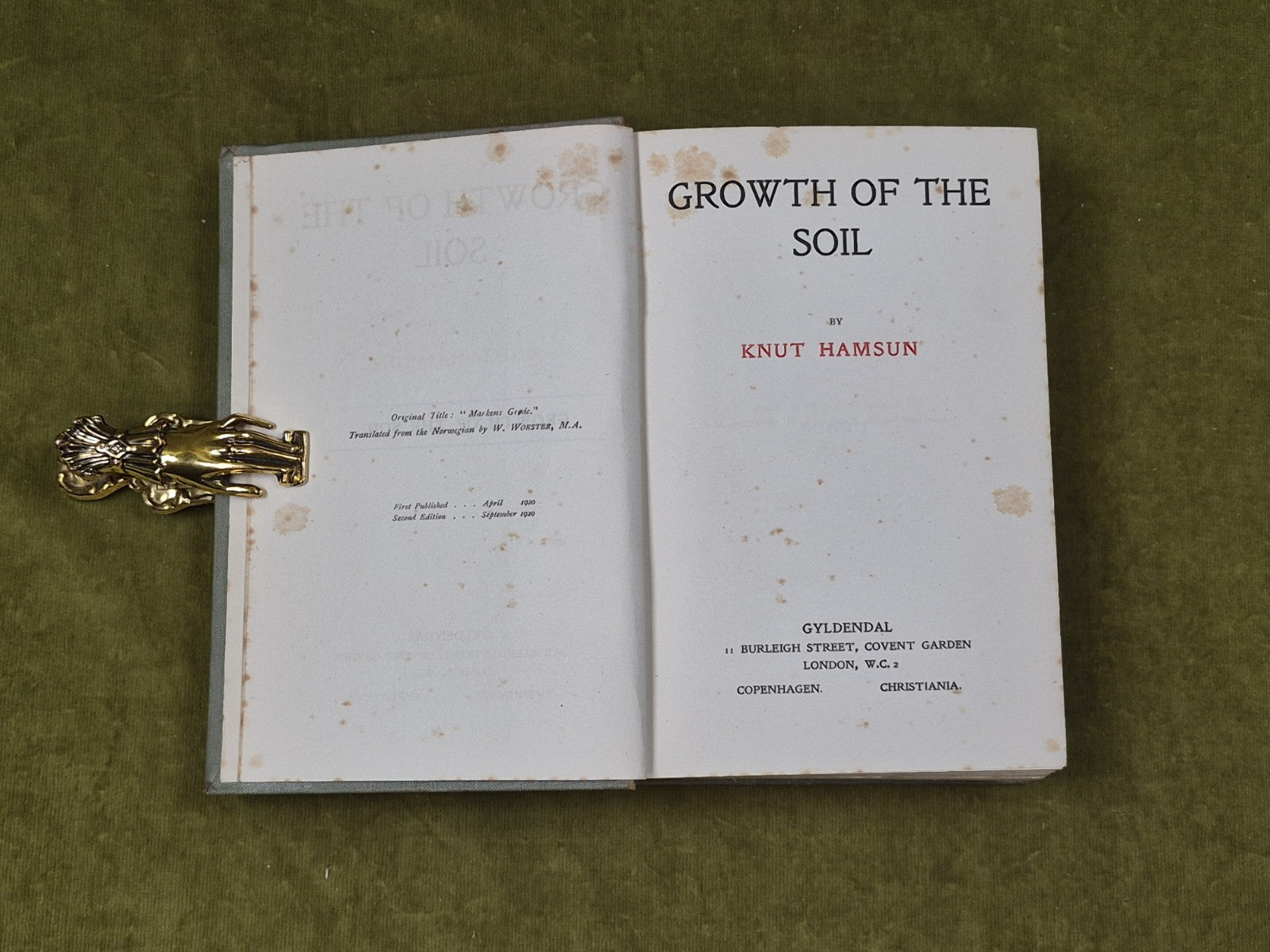 Growth of the Soil by Knut Hamsun , Gylendal 1920 2nd Edition4