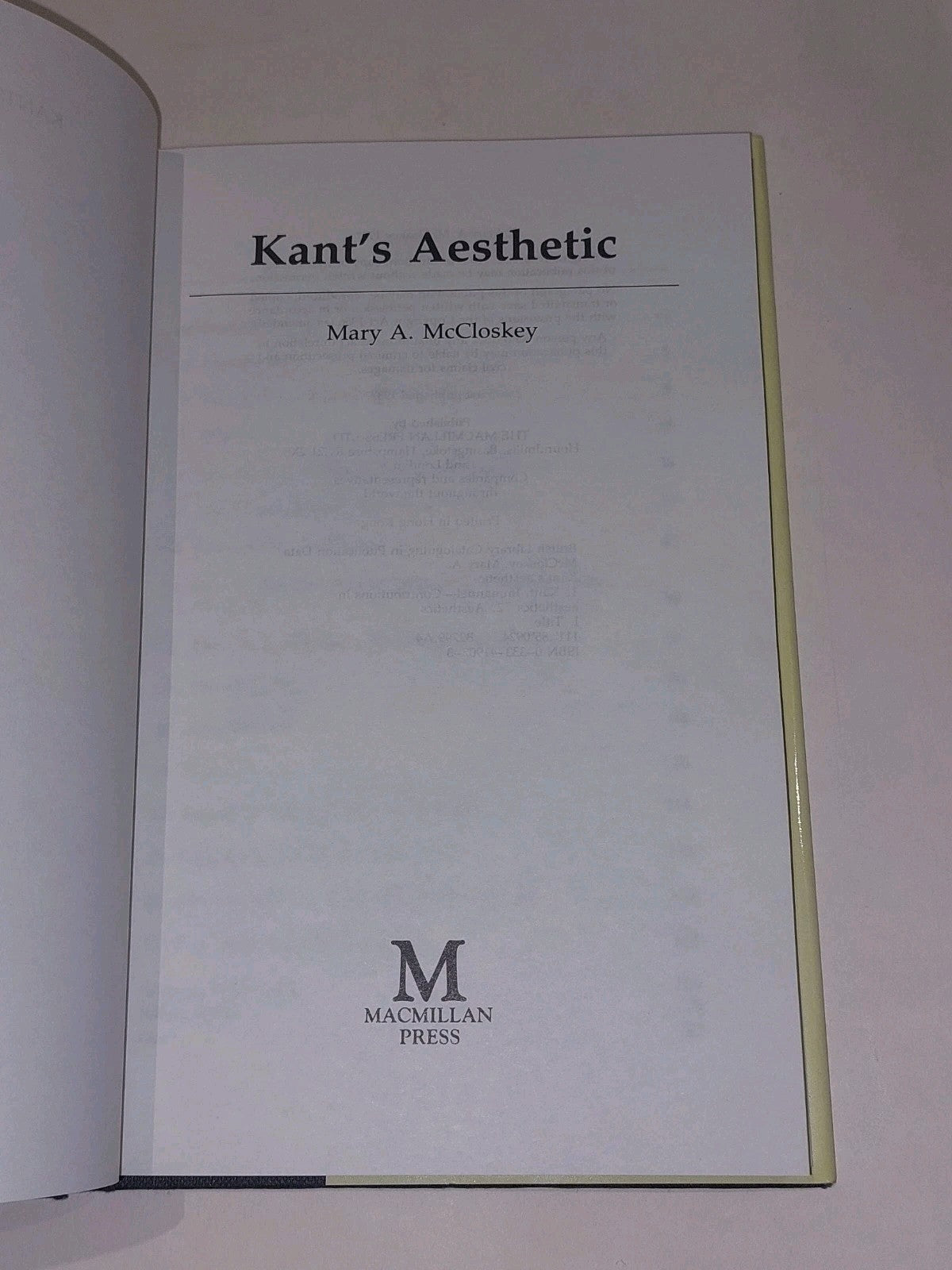 Kant’s Aesthetic by Mary McCloskey (1987) [Macmillan Press] Hb Book With Dj2