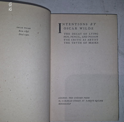 OSCAR WILDE - INTENTIONS - UNICORN PRESS 19454