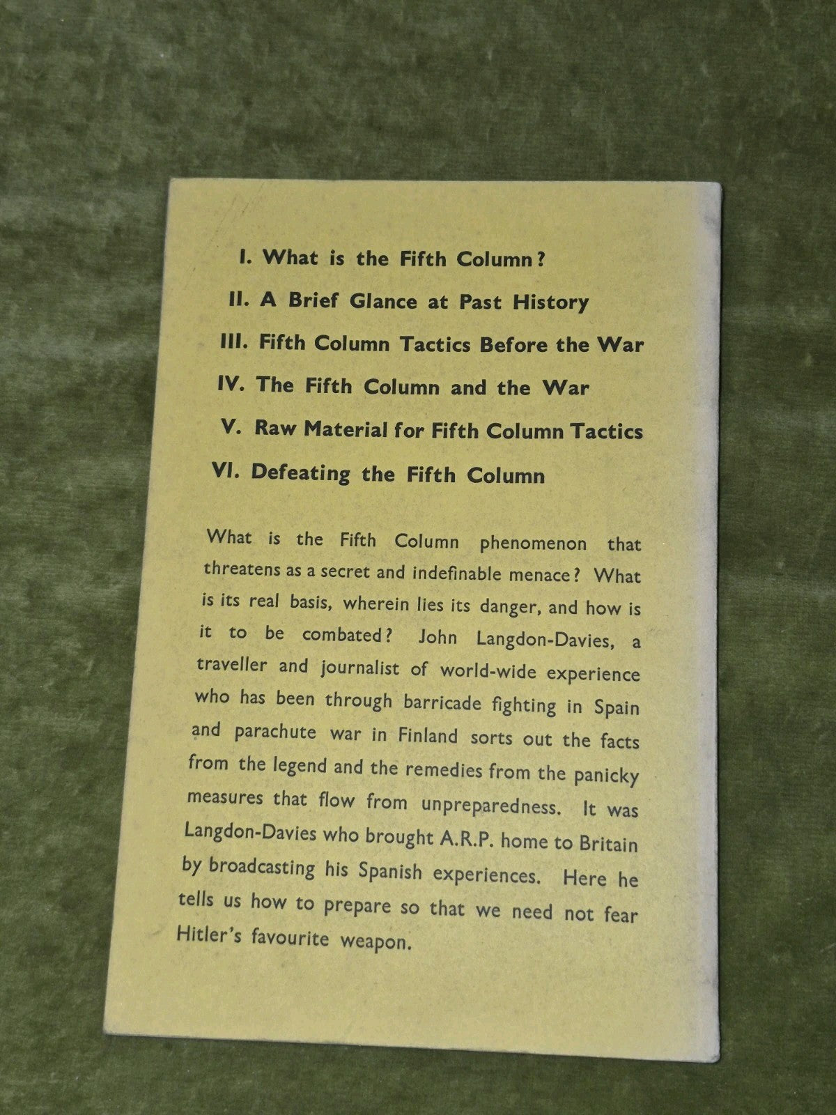 Fifth Column John Langdon-Davies John Murray 1940 First Edition2