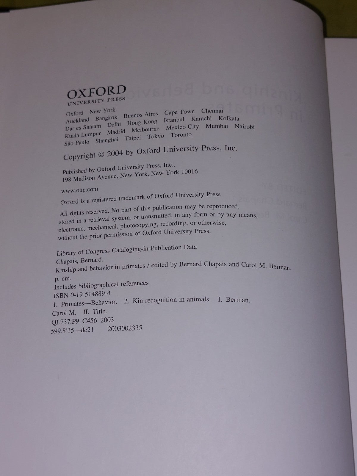 Kinship and Behavior in Primates by Bernard Chapais (English) Hardcover (2004)5