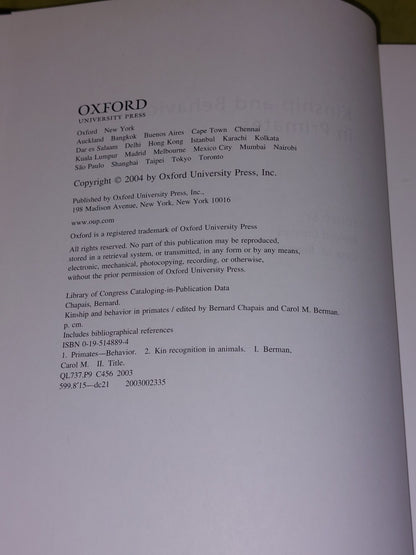 Kinship and Behavior in Primates by Bernard Chapais (English) Hardcover (2004)5