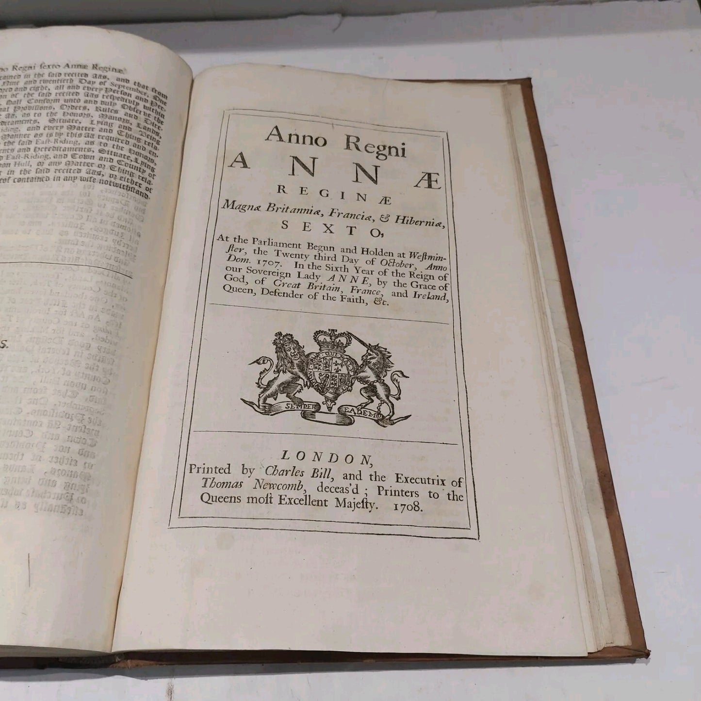 18th Century Anno Regni Annae Reginae (1707) Published & Printed By Charles Bill10