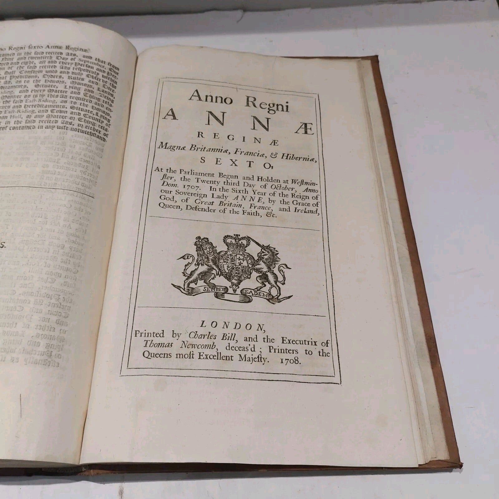 18th Century Anno Regni Annae Reginae (1707) Published & Printed By Charles Bill10