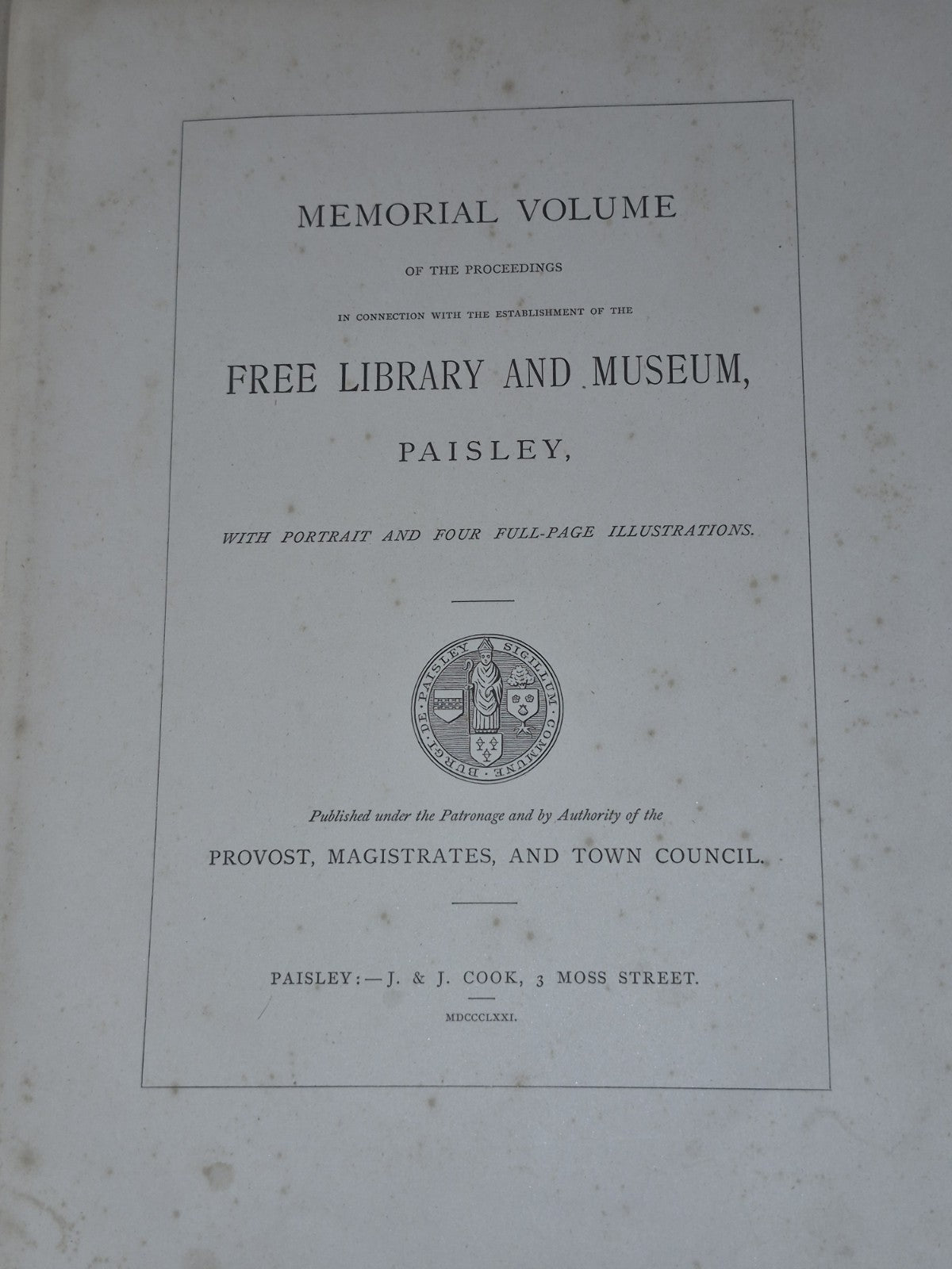 1871 PAISLEY FREE LIBRARY AND MUSEUM History SCOTLAND Peter Coats 1ST EDITION9