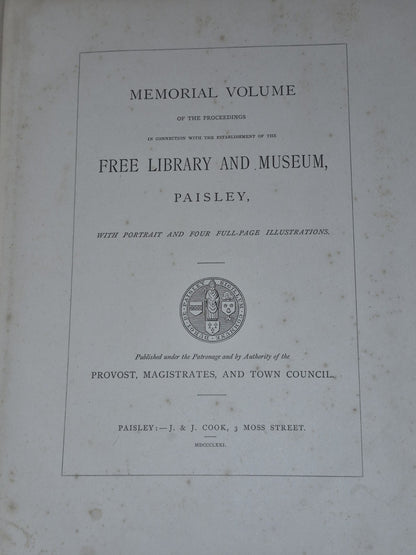 1871 PAISLEY FREE LIBRARY AND MUSEUM History SCOTLAND Peter Coats 1ST EDITION9