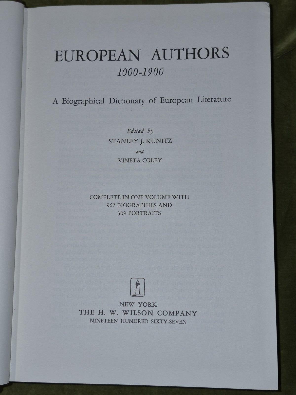 EUROPEAN AUTHORS: 1000-1900 BY KUNITZ & COLBY, 19674