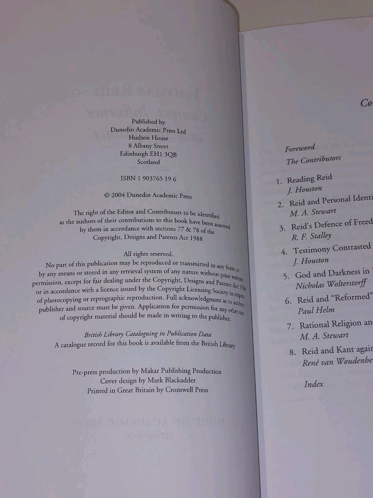 Thomas Reid : Context, Influence, Significance By J Houston 2004 Hb4