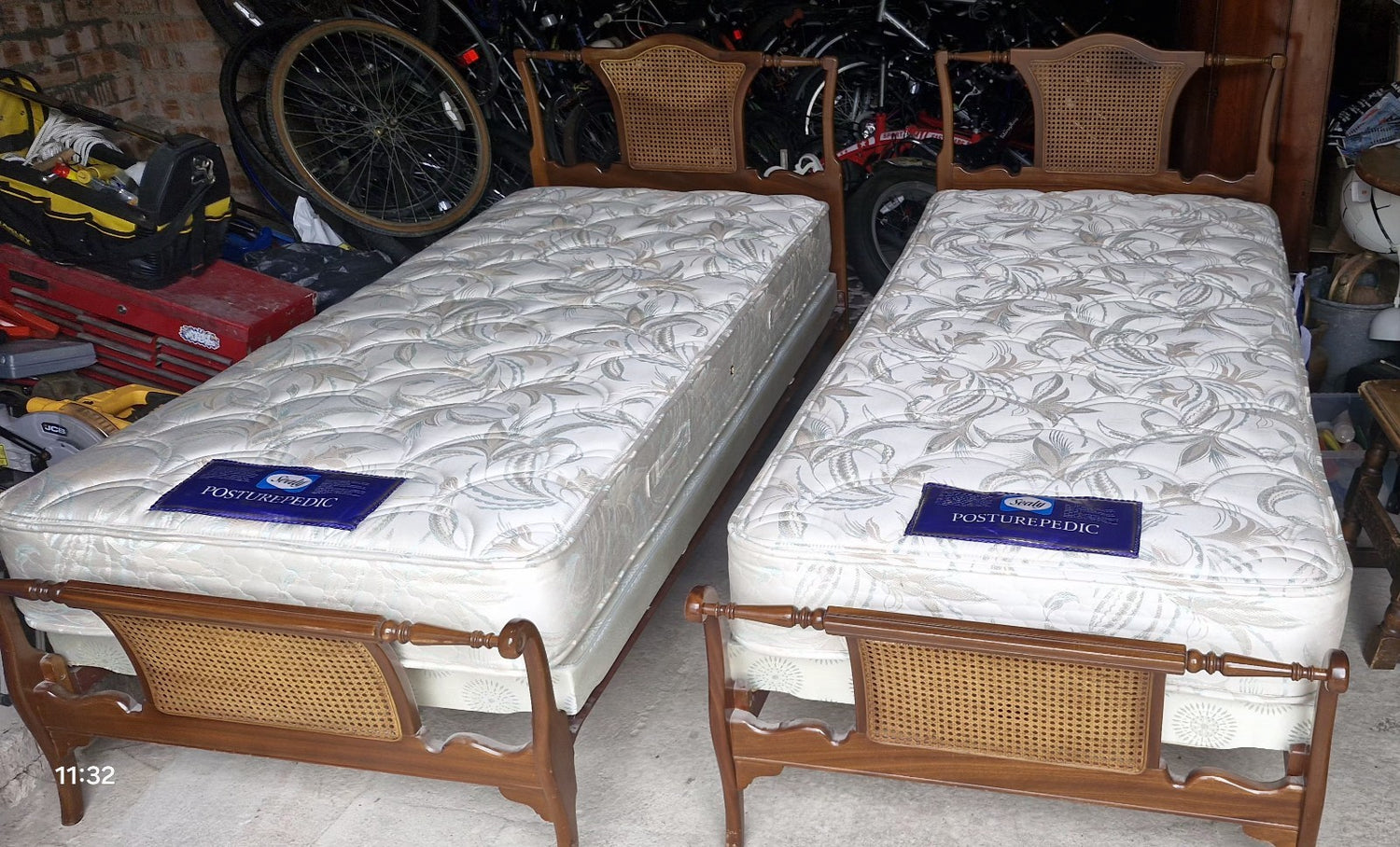 Pair Of Antique Single Beds With New Mattresses Rattan & Turned Wood Headboards 0
