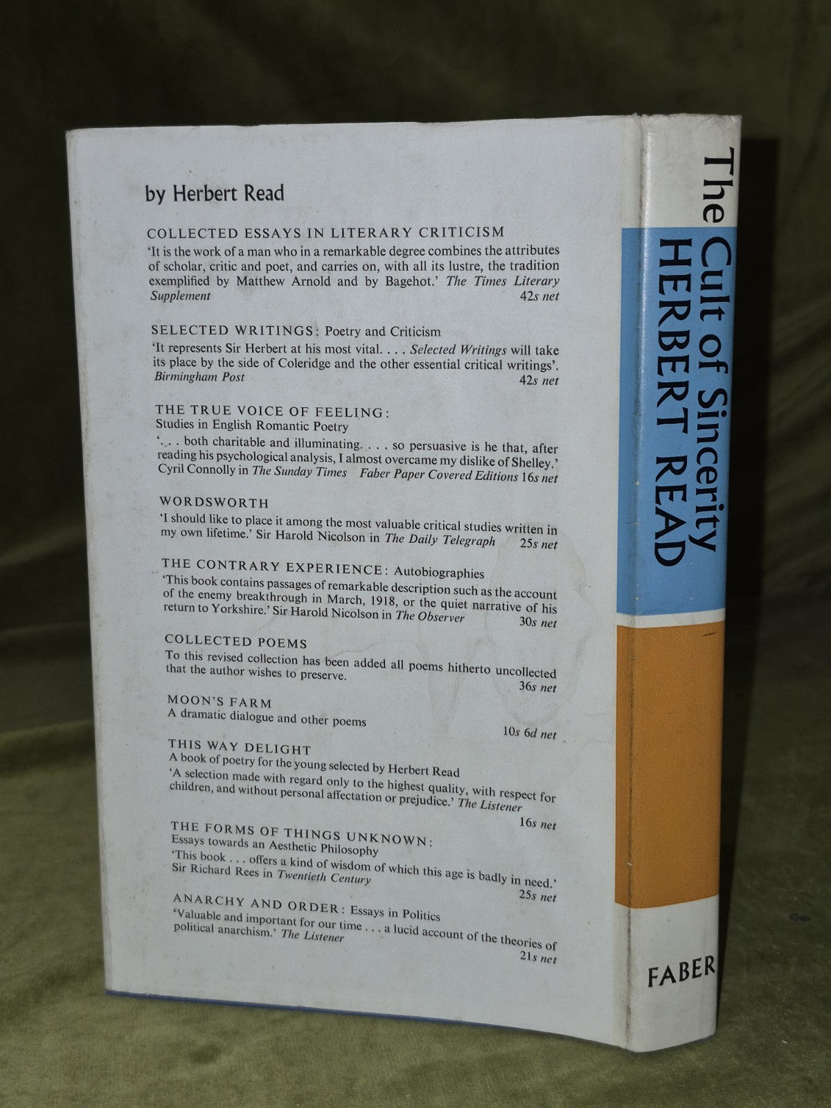Herbert Read THE CULT OF SINCERITY 1968 1st UK edition1
