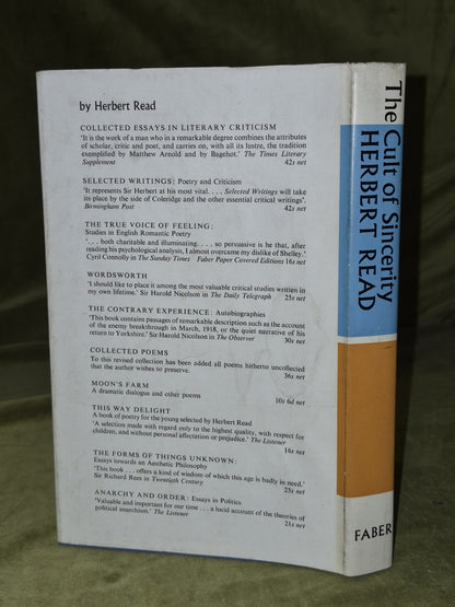 Herbert Read THE CULT OF SINCERITY 1968 1st UK edition1