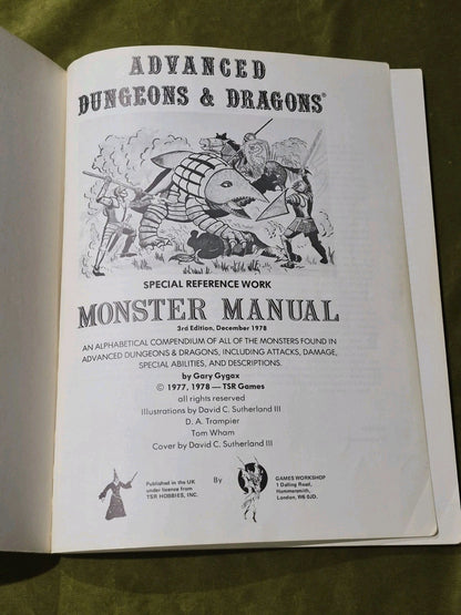 Advanced Dungeons and Dragons Monster Manual Softcover First Edition UK TSR 19772