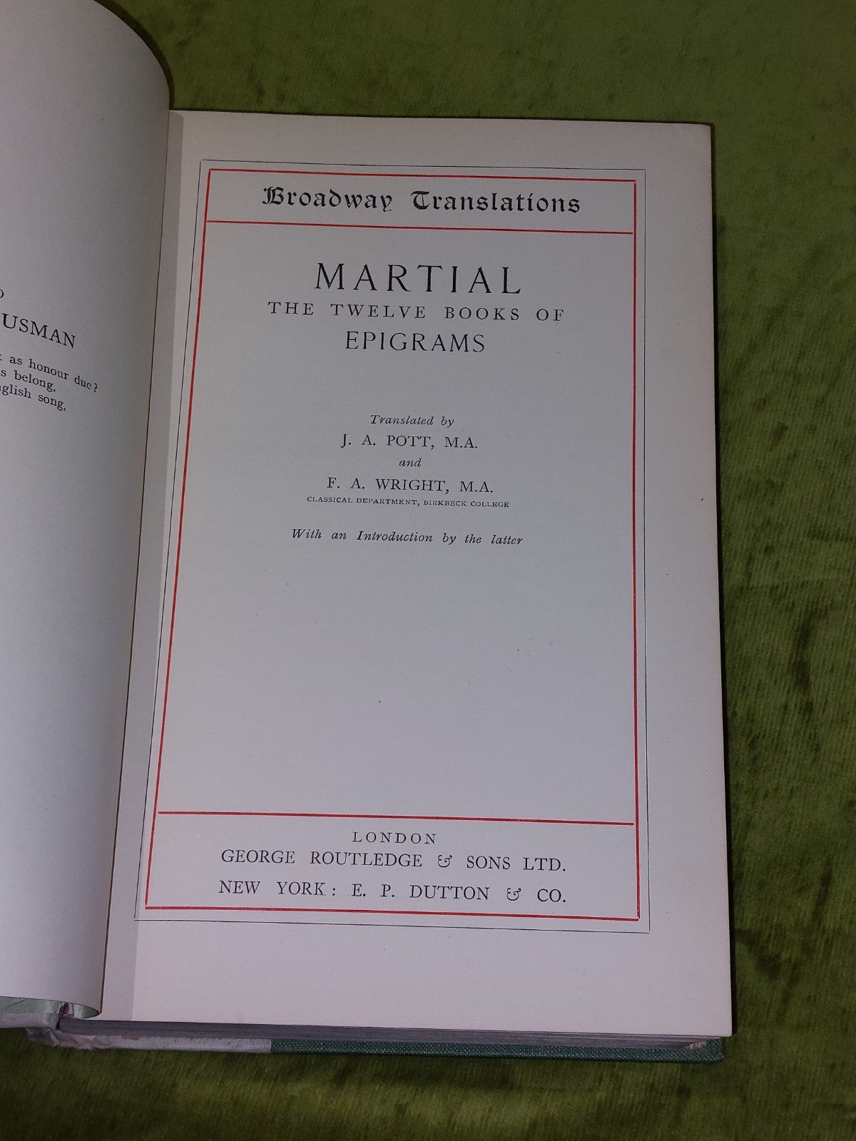 Martial the Twelve Books of Epigram  J.A.Pott & F.A.Wright [circa 1920s] Book2