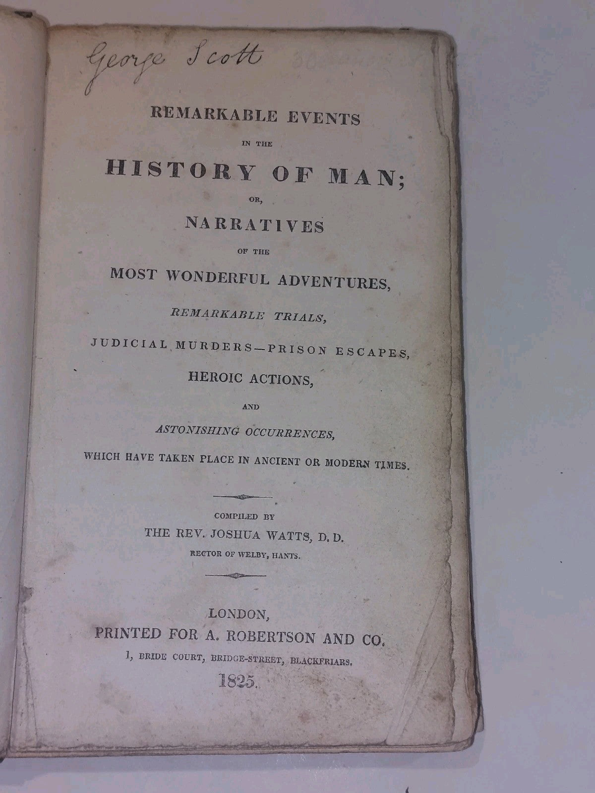 Remarkable Events In The History Of Man - Rev Joseph Watts (1825) 1/4 Leather Hb5