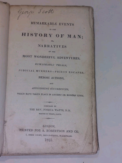 Remarkable Events In The History Of Man - Rev Joseph Watts (1825) 1/4 Leather Hb5