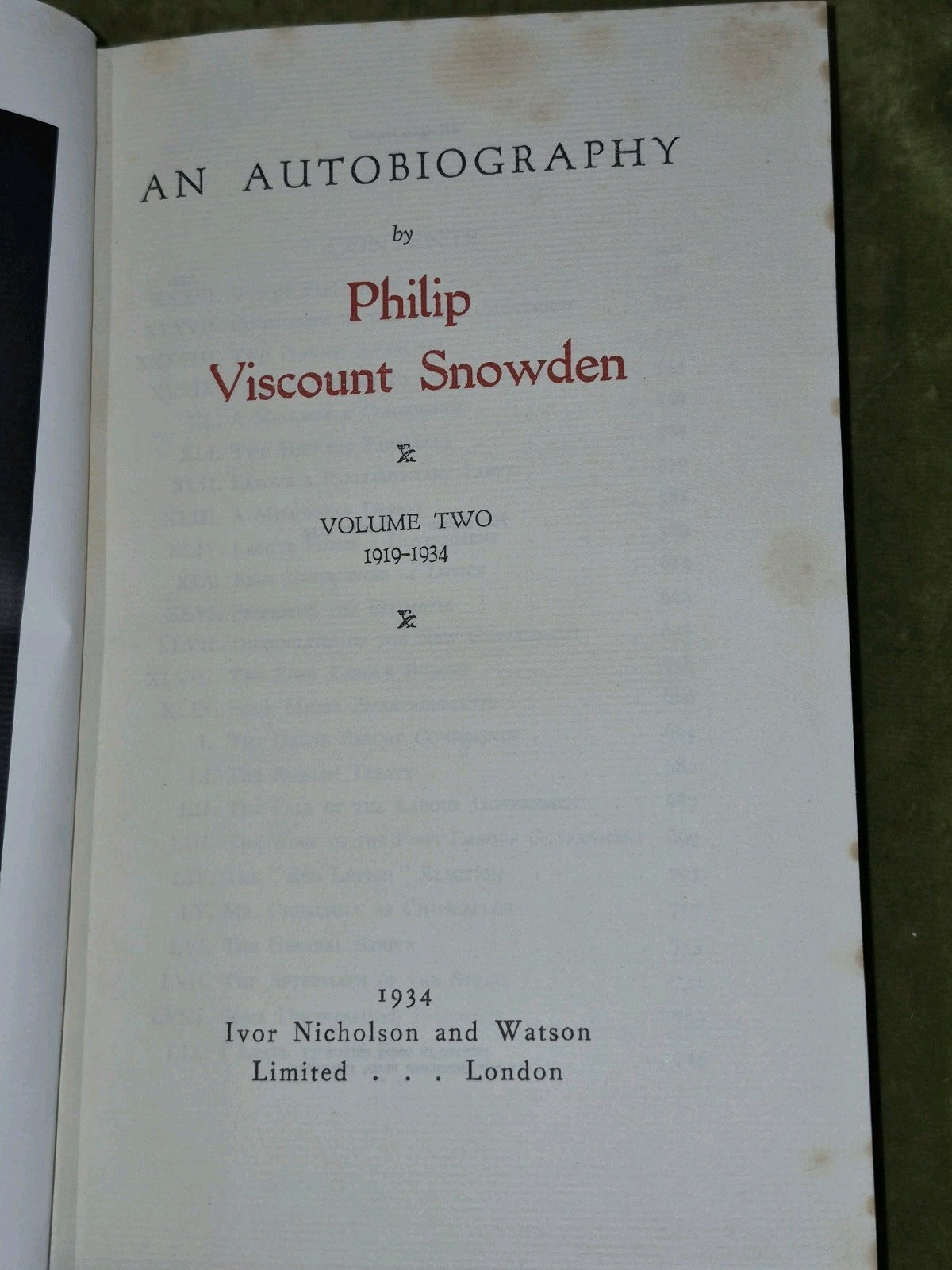 An Autobiography Philip Viscount Snowden 1934 Two Volumes3