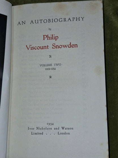 An Autobiography Philip Viscount Snowden 1934 Two Volumes3