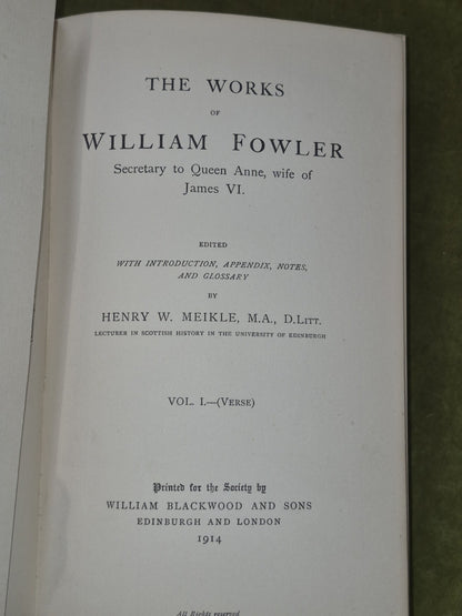 Works of William Fowler Scottish Text Society Complete Set 3 Vols 1914-19398