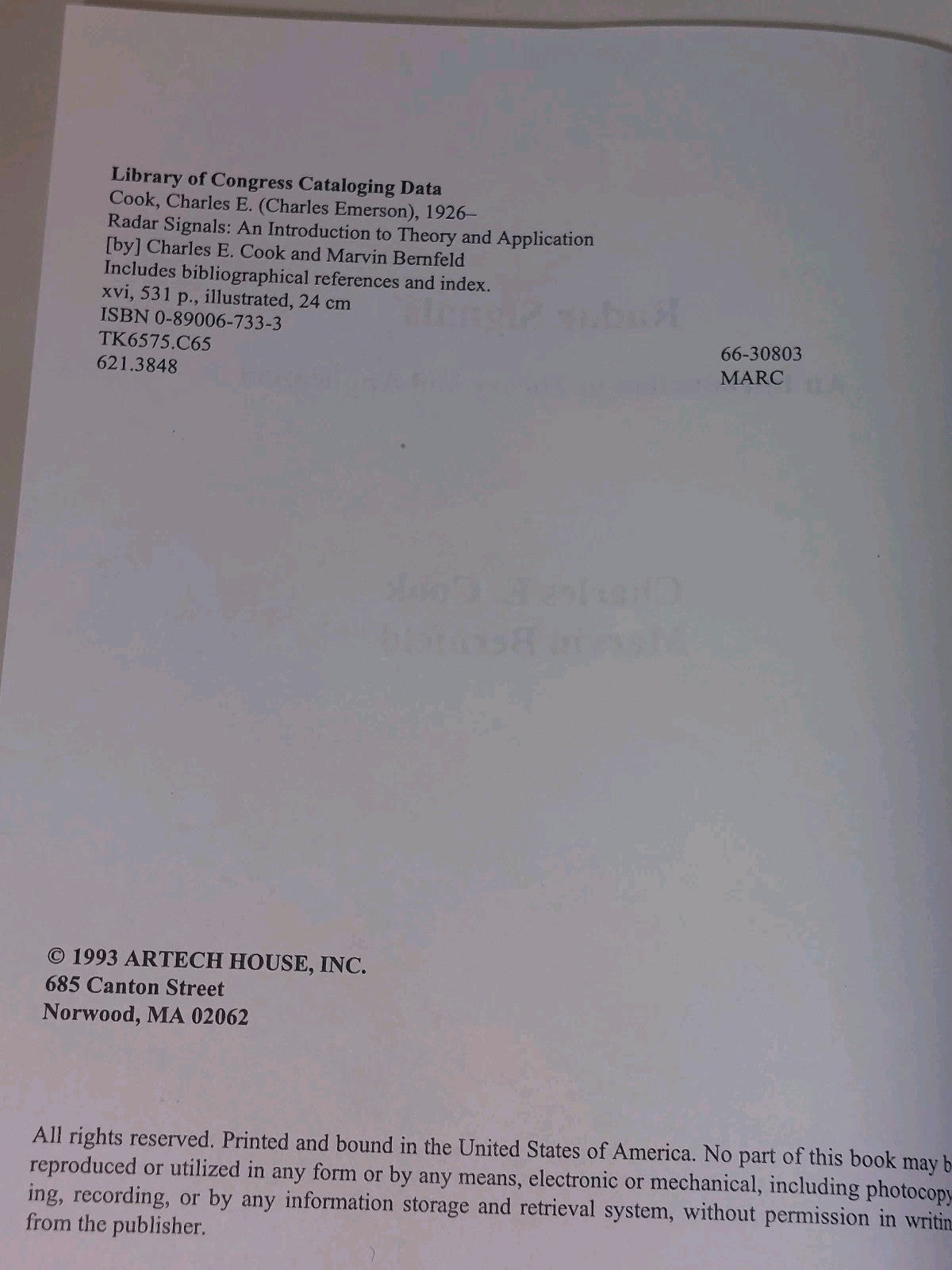 Radar Signals An Introduction to Theory and Application by Cook, Bernfeld (1993)4