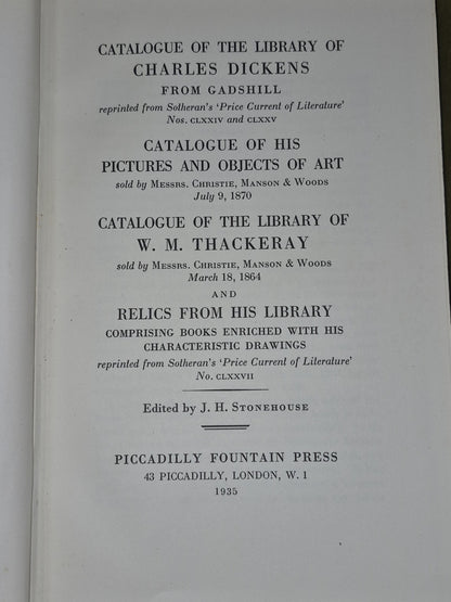 Catalogue of the Library of Charles Dickens Thackeray Piccadilly Press 19356