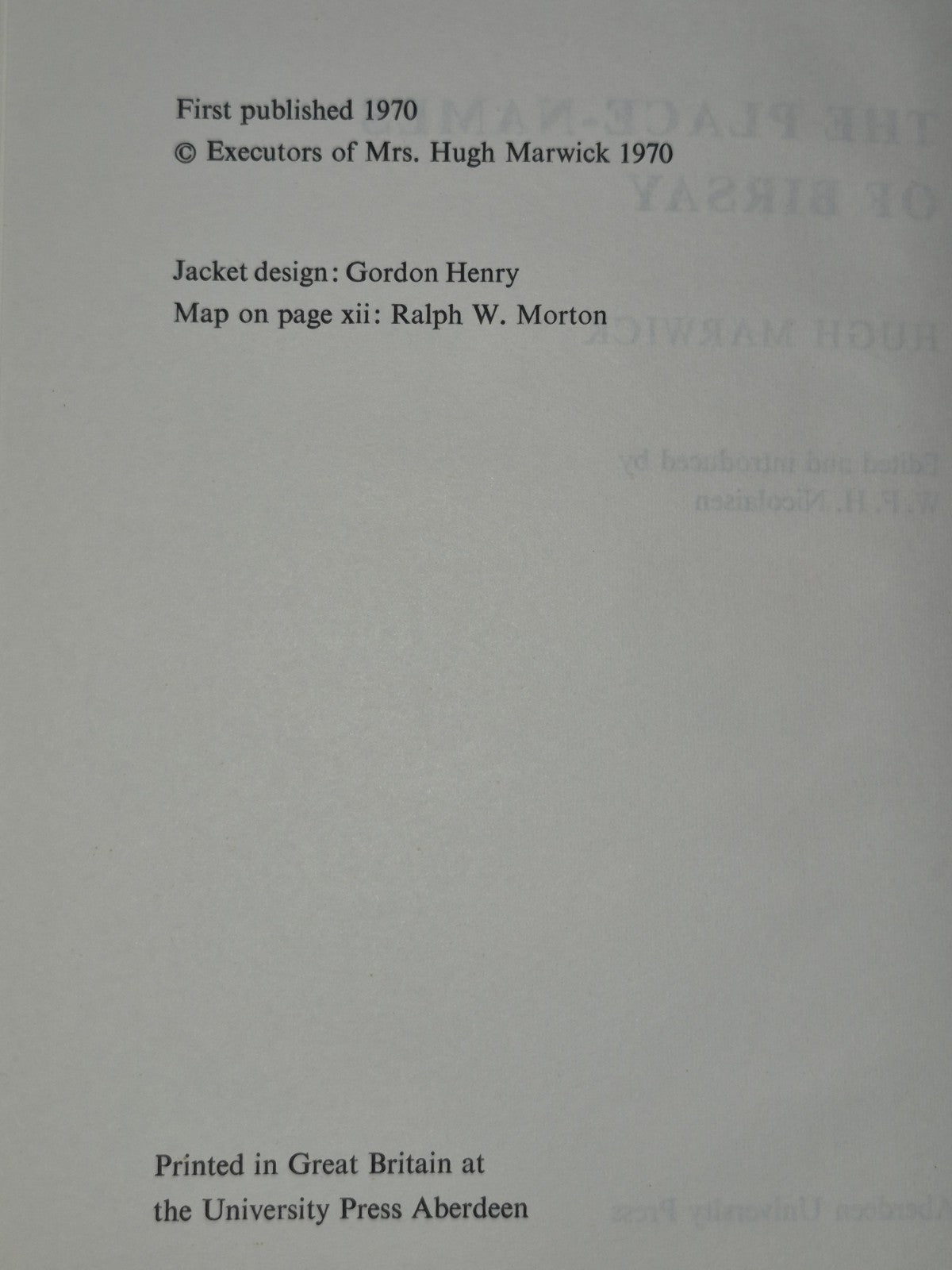 The Place-Names of Birsay Hugh Marwick Nicolaisen Aberdeen 19704