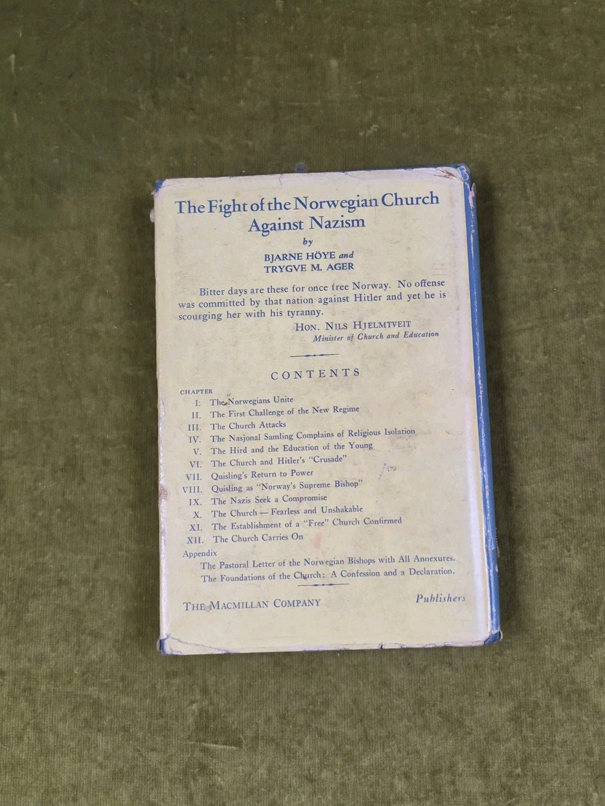 The Fight of the Norwegian Church Againt Nazism - Hoye & Ager 1943 Macmillan 1st1