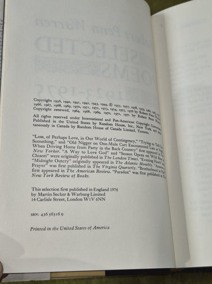 Selected Poems, 1923-75 by Robert Penn Warren -Secker & Warburg 1976 1st HB DJ5