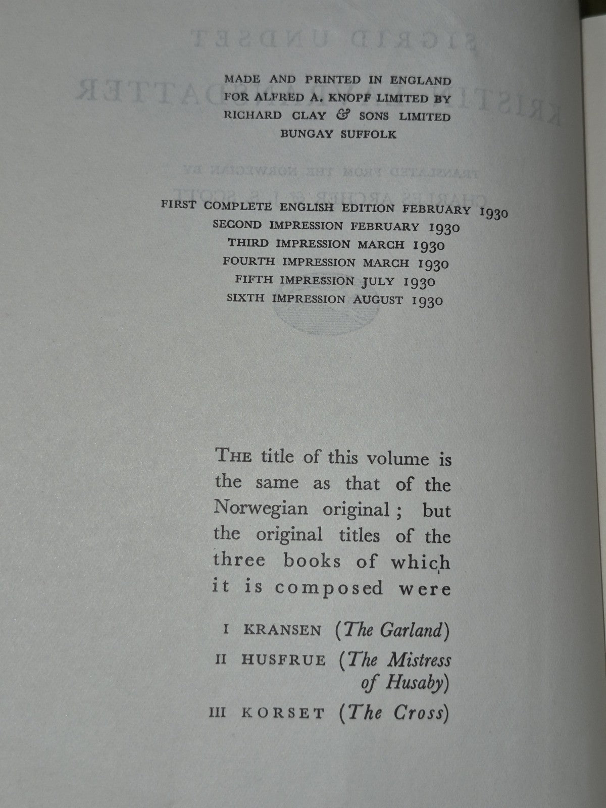 Sigrid Undset Kristin Lavransdatter 1930 Sixth Impression Alfred A Knopf5