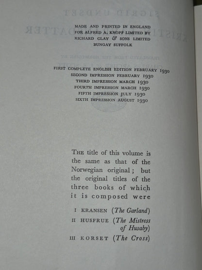 Sigrid Undset Kristin Lavransdatter 1930 Sixth Impression Alfred A Knopf5