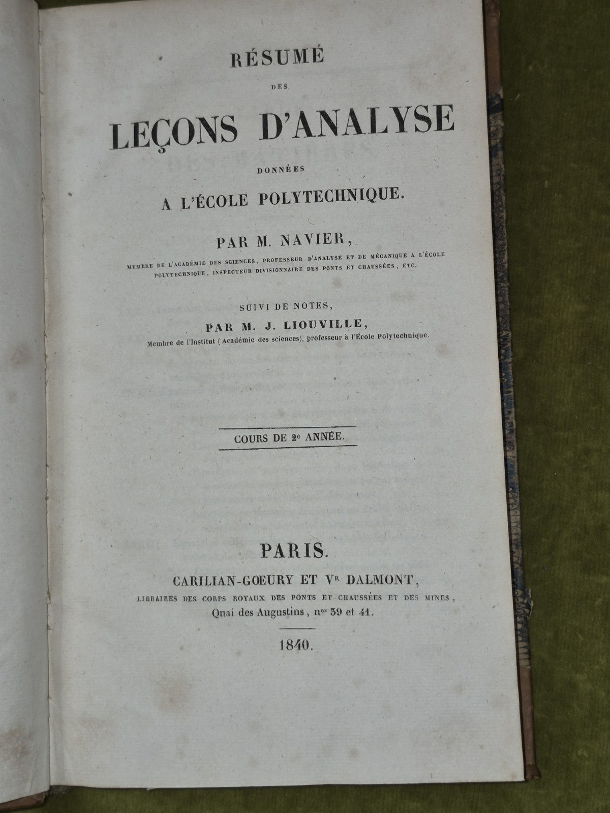 Resume Des Lecons d'Analyse Donnees a l'ecole Polytechnique M Navier 1840 Vol 25