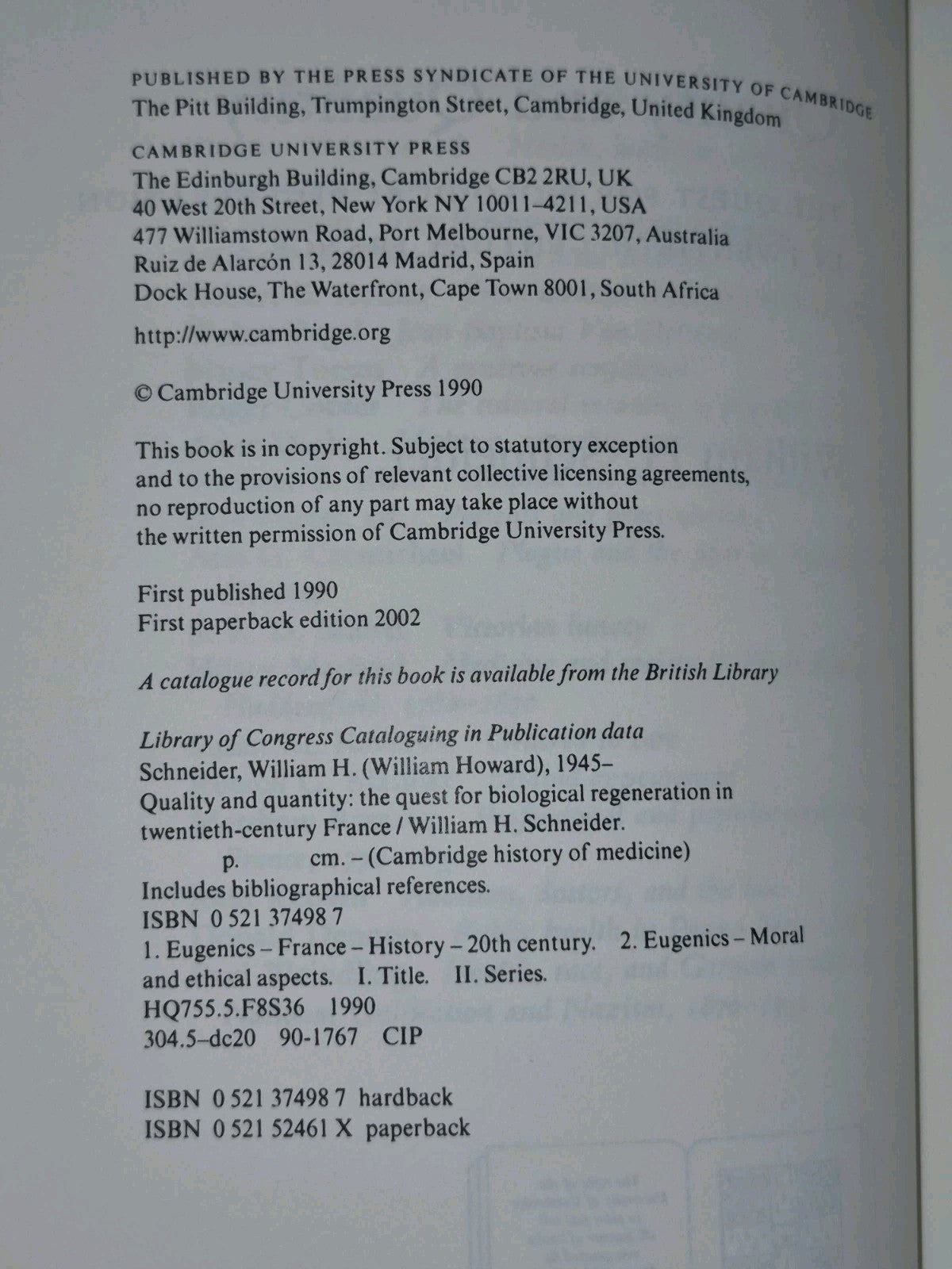 Quality and Quantity William Schneider Cambridge History of Medicine 2002 VG PB2