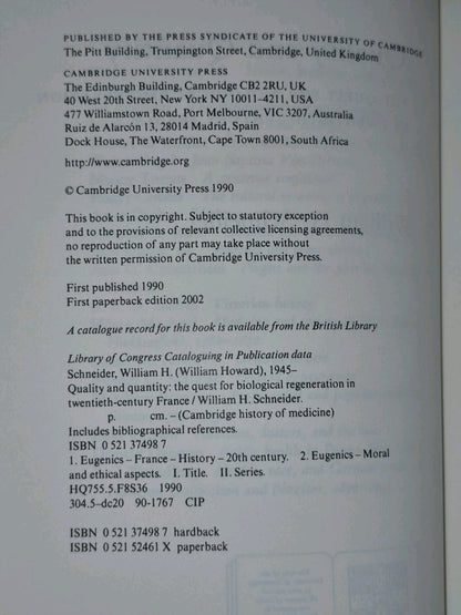 Quality and Quantity William Schneider Cambridge History of Medicine 2002 VG PB2
