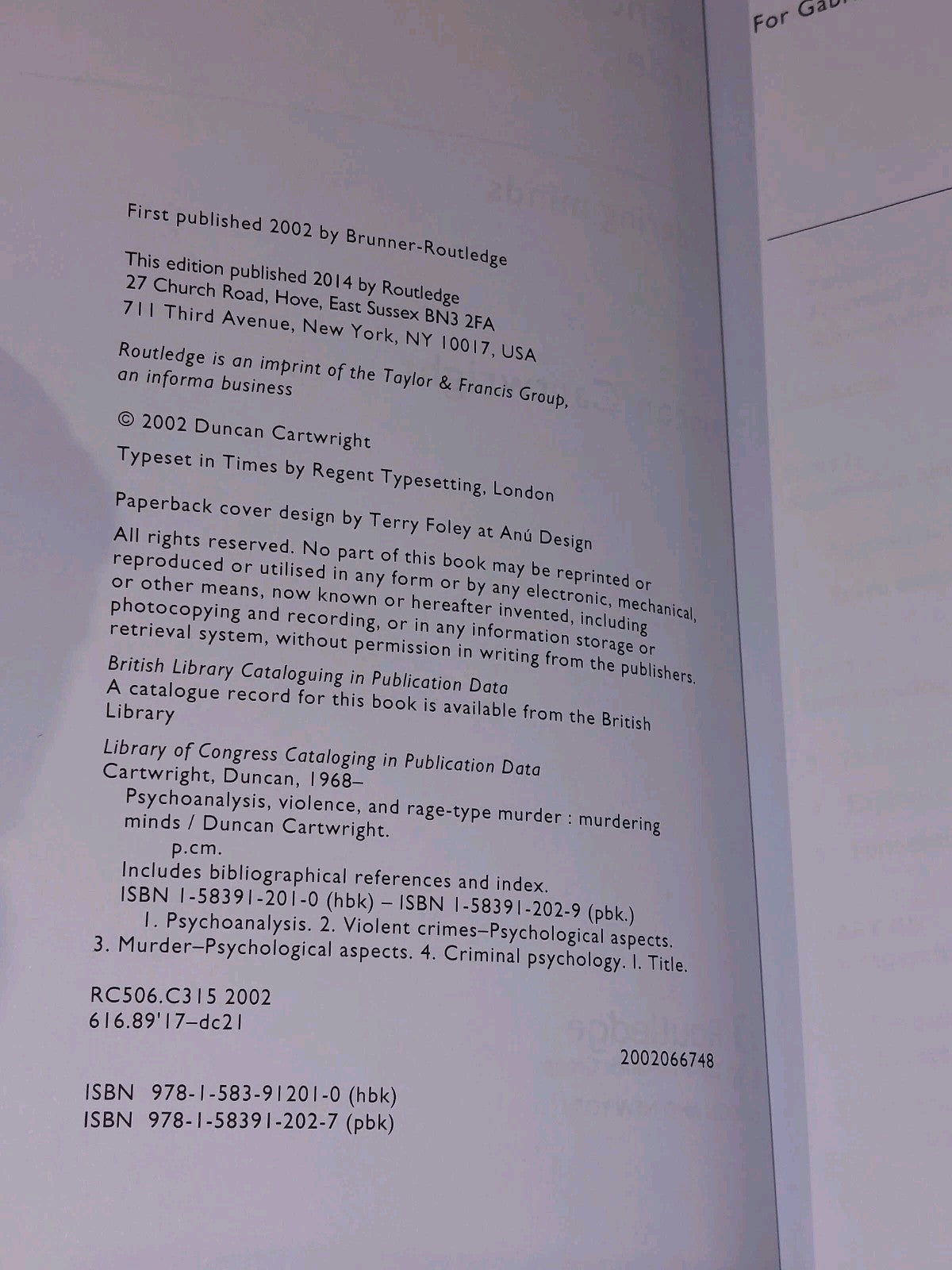 Psychoanalysis, Violence and Rage-Type Murder - Duncan Cartwright (2001) Pb2