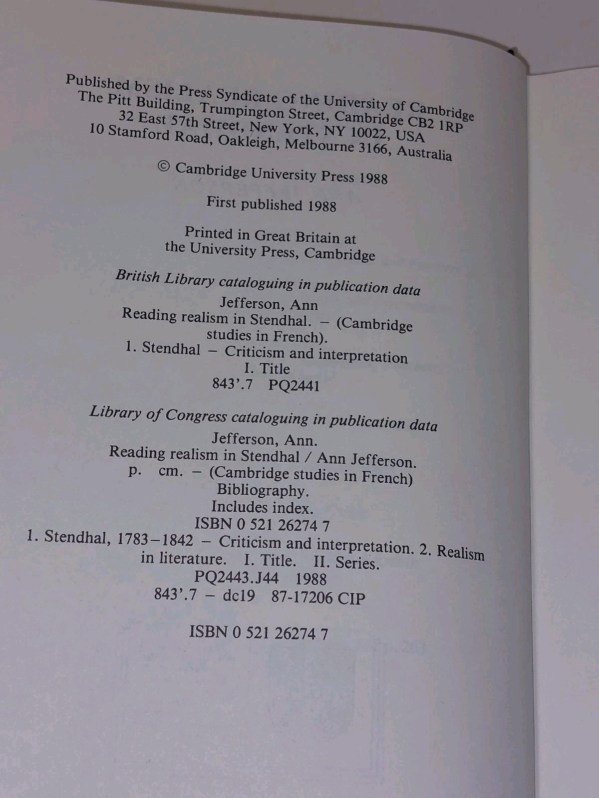 Reading Realism in Stendhal By Ann Jefferson (1988) Hb Book With Dustjacket5