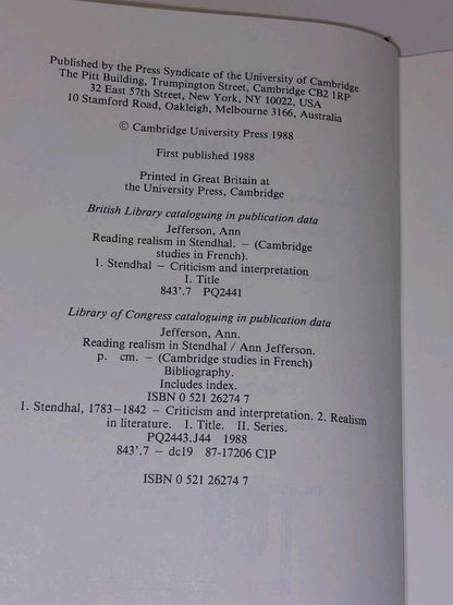 Reading Realism in Stendhal By Ann Jefferson (1988) Hb Book With Dustjacket5