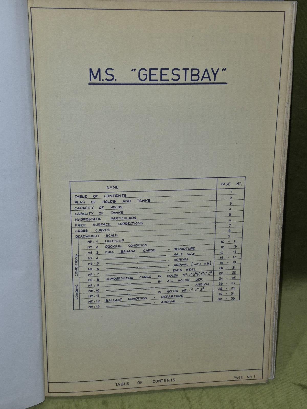 M. S. "Geestbay" Ship Calibration Scales and Trim and Stability Particulars Book9