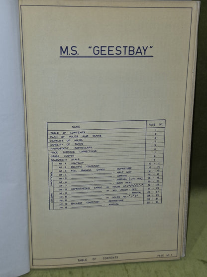 M. S. "Geestbay" Ship Calibration Scales and Trim and Stability Particulars Book9
