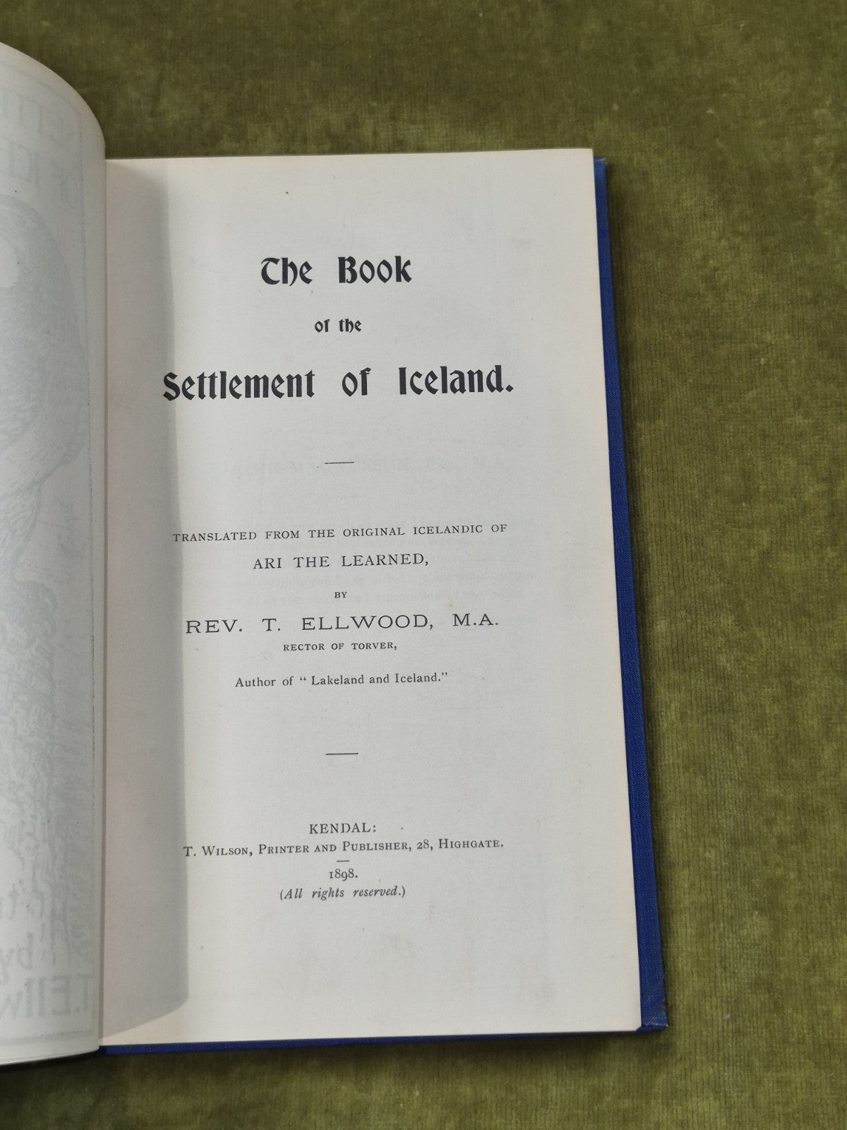 The Book of the Settlement of Iceland - Rev T Ellwood , Kendal 18985