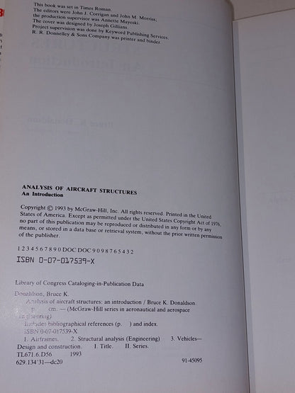 Analysis of Aircraft Structures : An Introduction  Bruce Donaldson (1993) Hb4