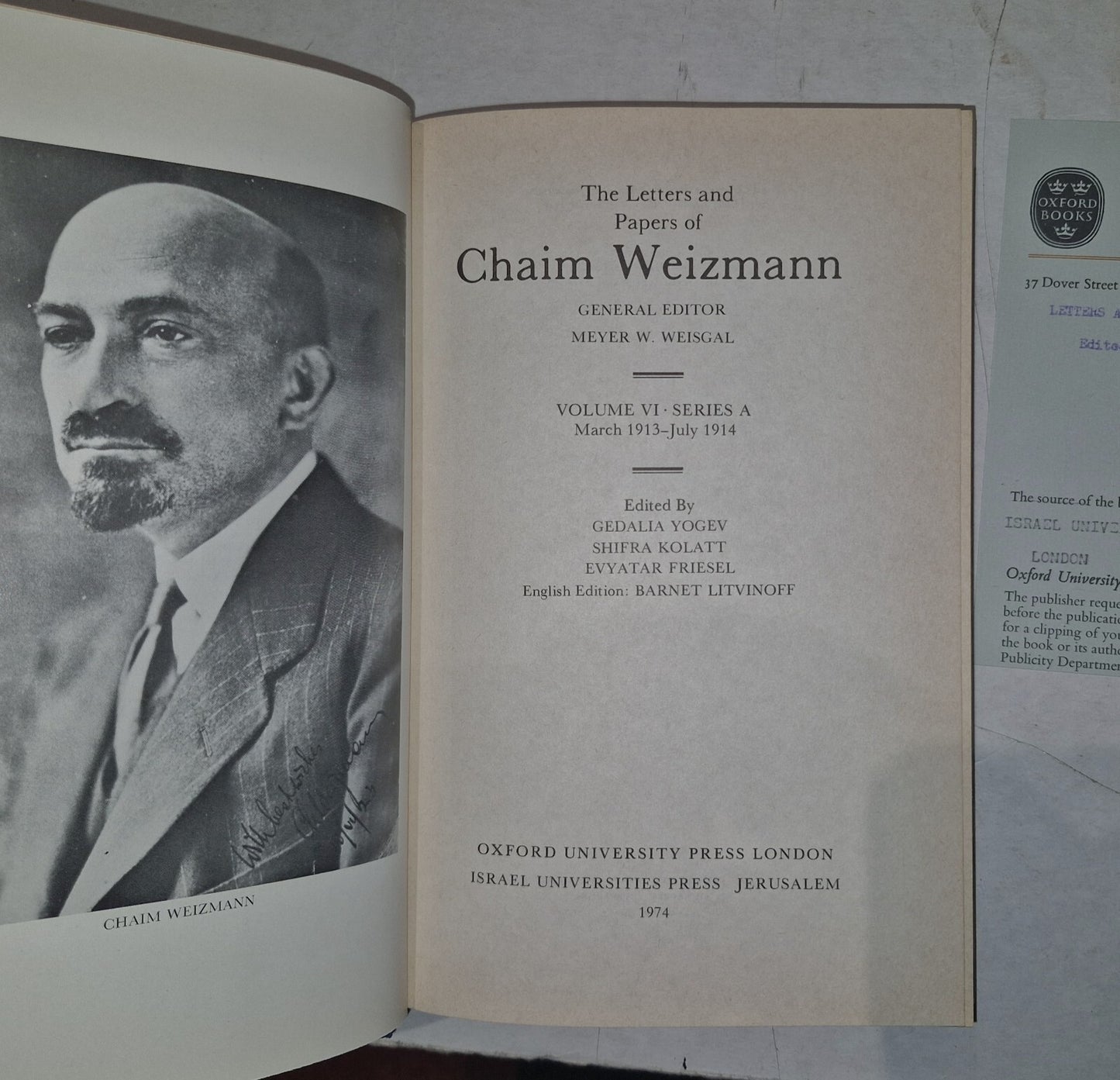 LETTERS AND PAPERS OF CHAIM WEIZMANN VOLUMES 1,3,4,5,6,7 Will Split.14