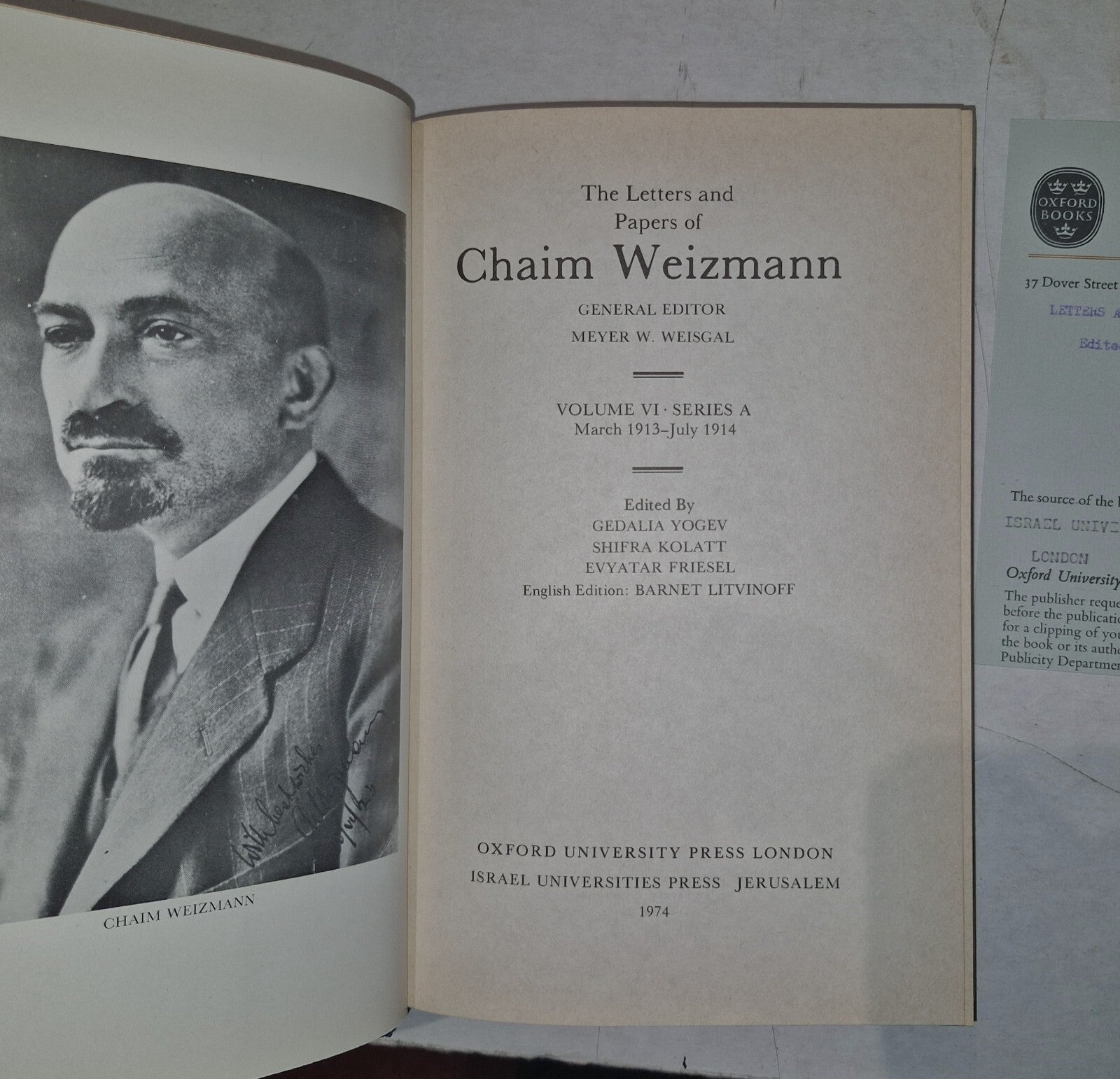 LETTERS AND PAPERS OF CHAIM WEIZMANN VOLUMES 1,3,4,5,6,7 Will Split.14