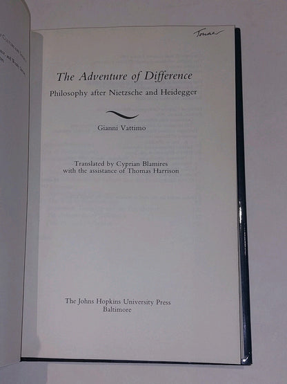 Adventure of Difference : Philosophy after Nietzsche & Heidegger 1993 Vattimo Pb2