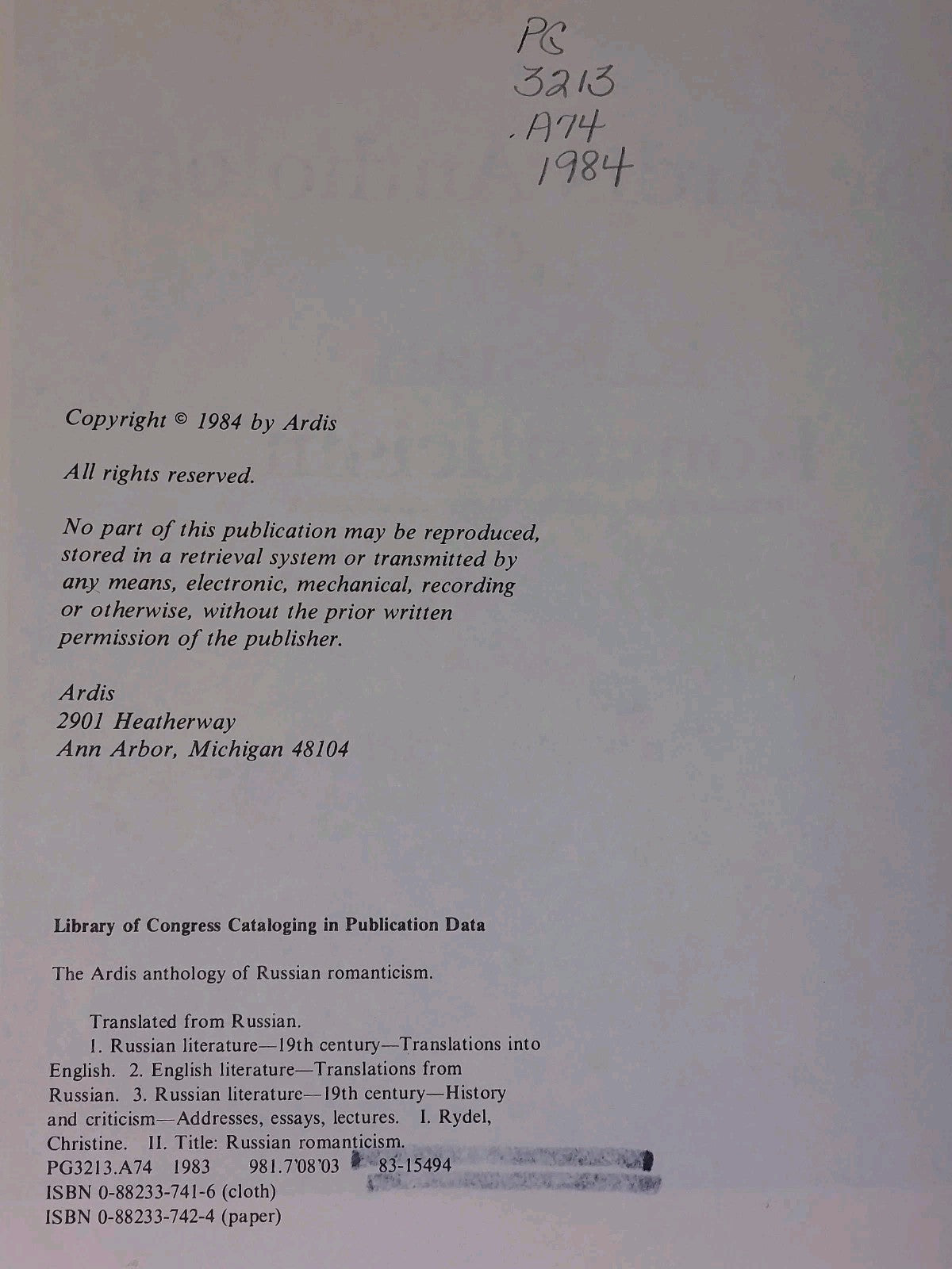 The Ardis Anthology Of Russian Romanticism (1984) Christine Rydel4