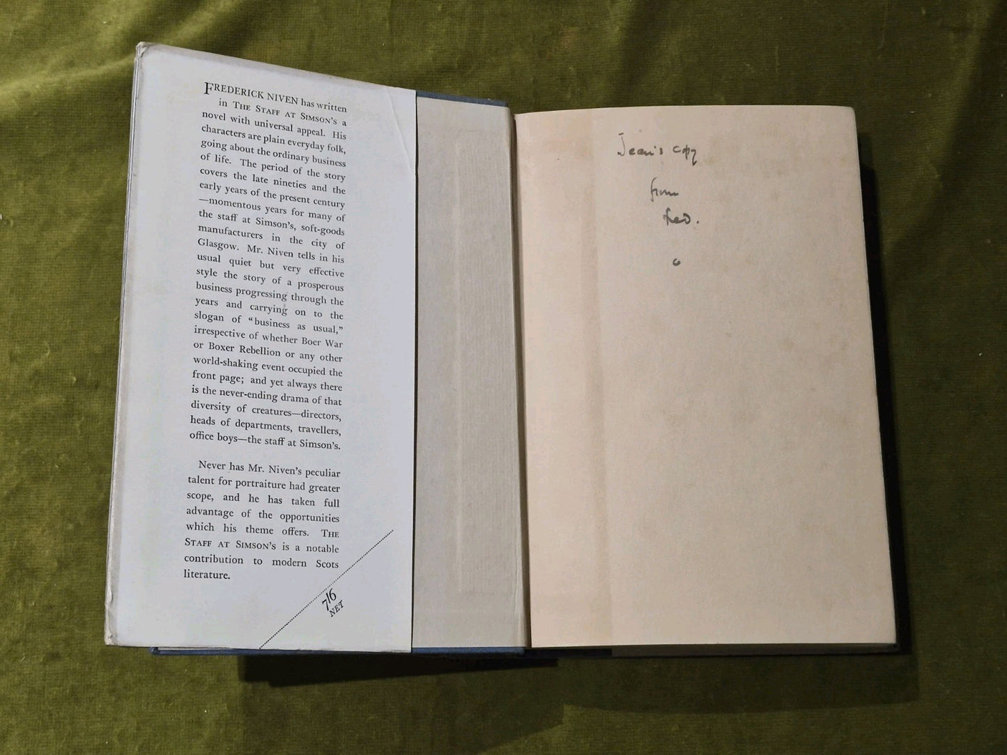 The Staff at Simson's - Frederick Niven 1937 hardback with dust jacket3