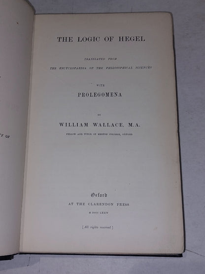 Logic Of Hegel With Prolegomena By William Wallace (1874) 1st Ed Hb Bokk3